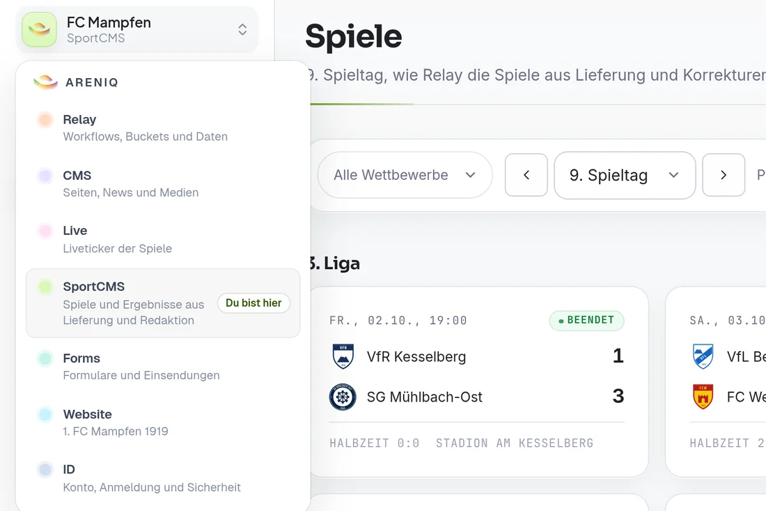 Der Produktwechsler von ARENIQ mit Relay, CMS, Live, SportCMS, Forms, Website und ID