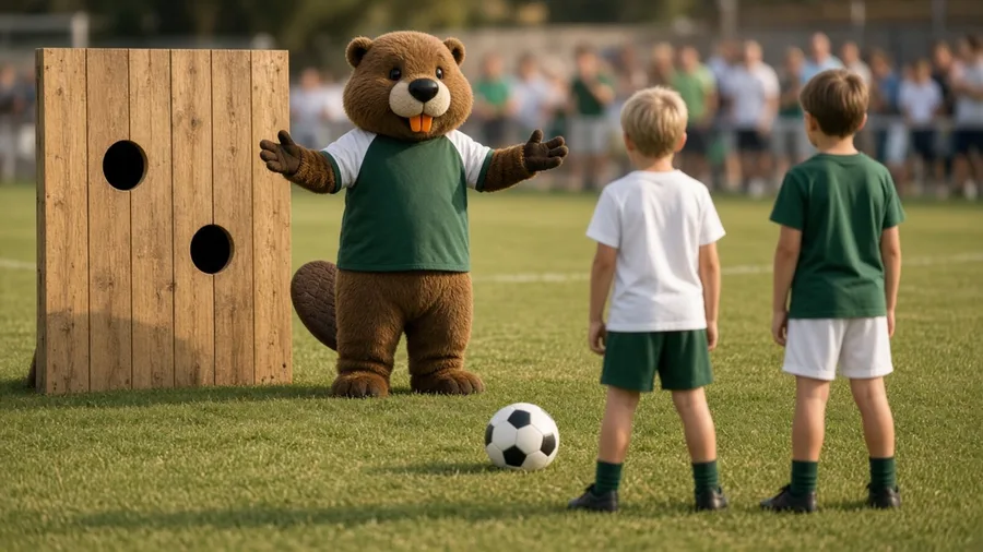 Isi, der Biber und Maskottchen des Vereins, an der Torwand mit zwei Kindern im grün-weißen Trikot