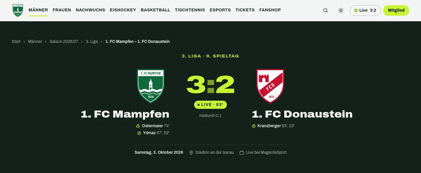 Liveticker auf der Vereinswebsite: das laufende Spiel mit Live-Stand im Kopf der Seite